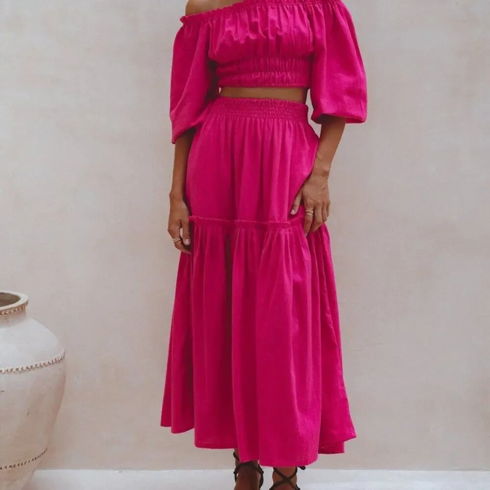 ELF Annabelle Linen Maxi Skirt Magenta Pink Elastic Waist M - Picture 2 of 10